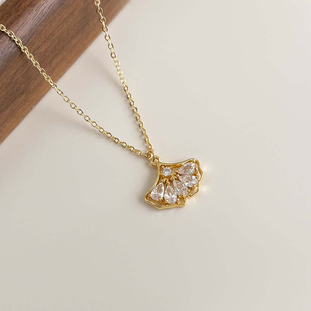 18K Gold Plated Ginkgo Leaf Zircon Chain Necklace