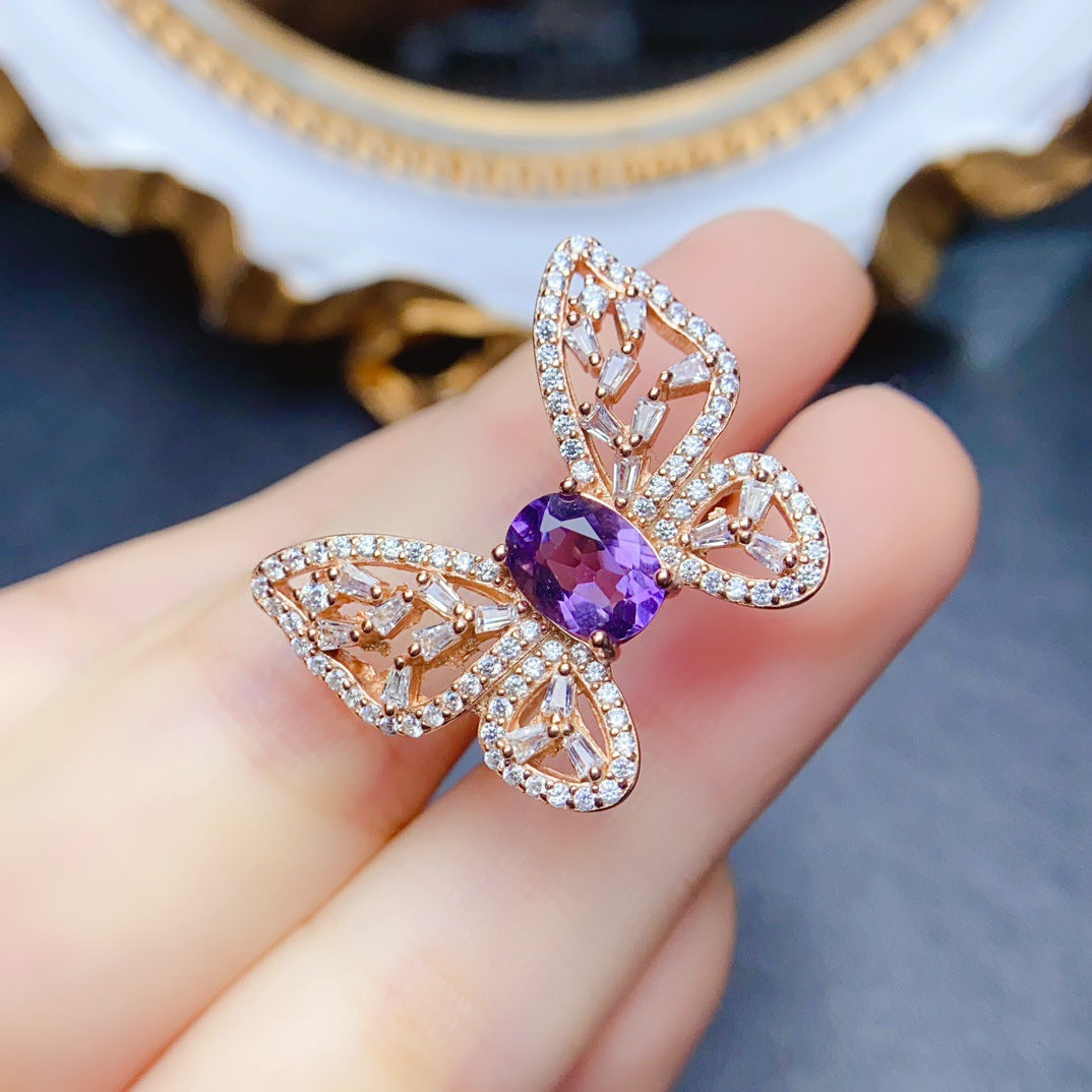 18K Gold Butterfly Amethyst Crystal Ring