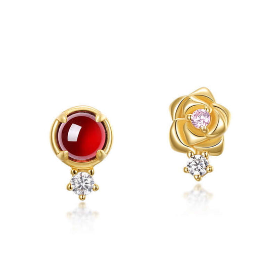 Asymmetric Red Garnet Rose Stud