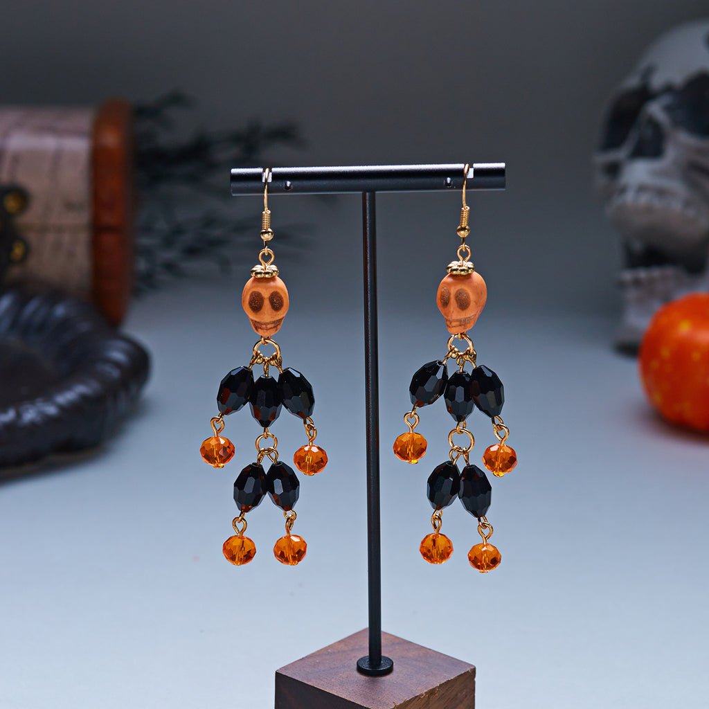 Pumpkin Spell Skull Beaded Drop Earrings