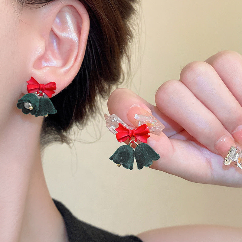 Velvet Jingle Bell Cute Bow Christmas Drop Earrings