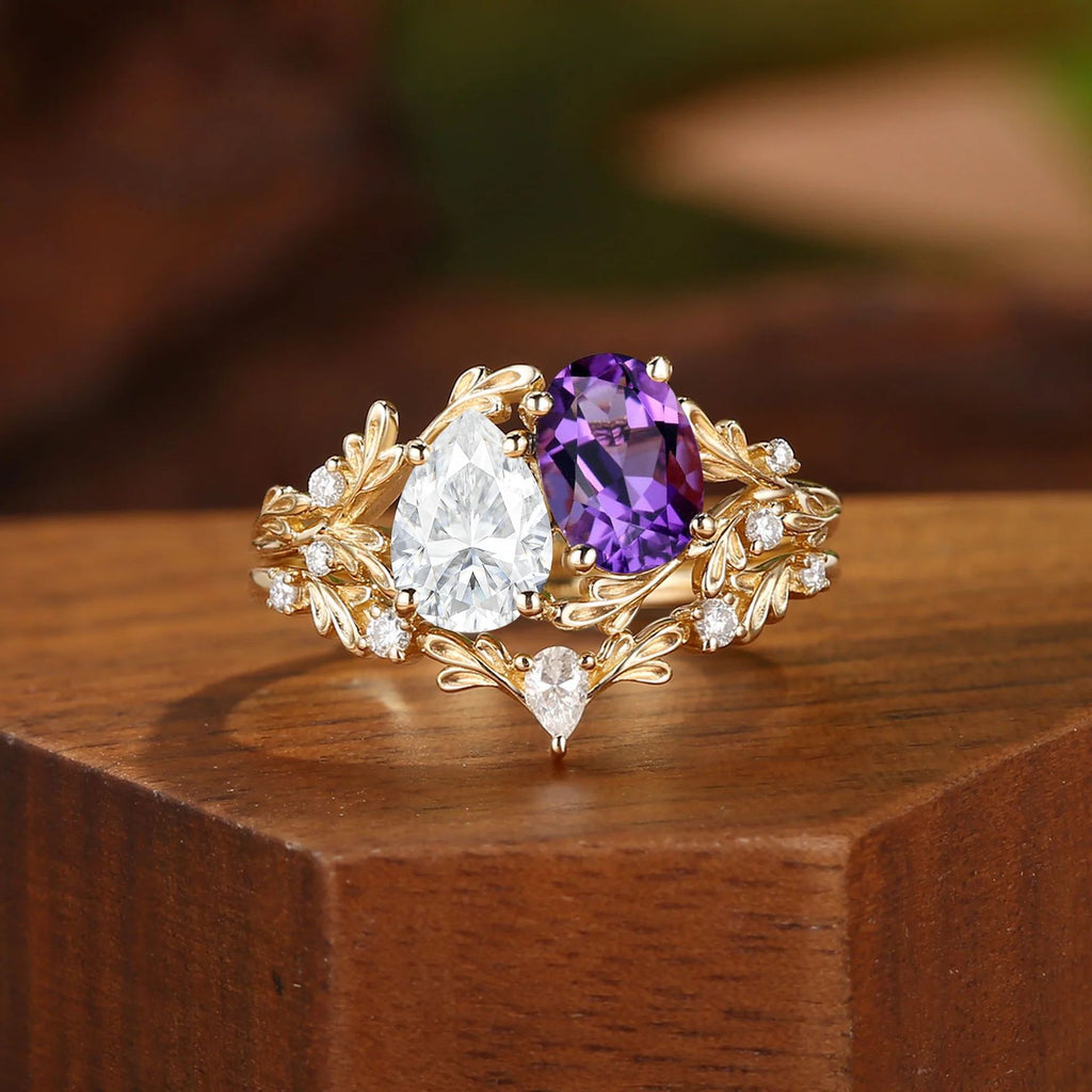 Vintage Moissanite & Lab Crafted Sapphire Stacking Ring Set