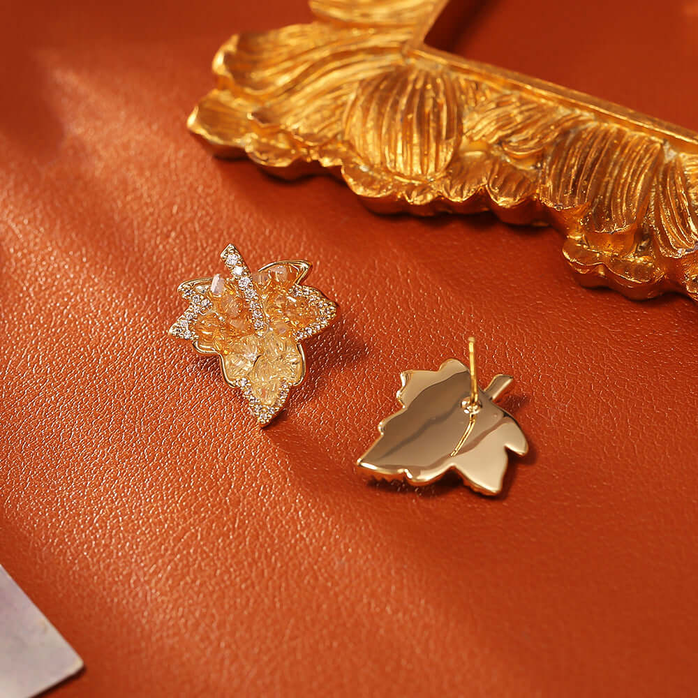 Gradient Maple Leaf Paved Crystal Earring Stud