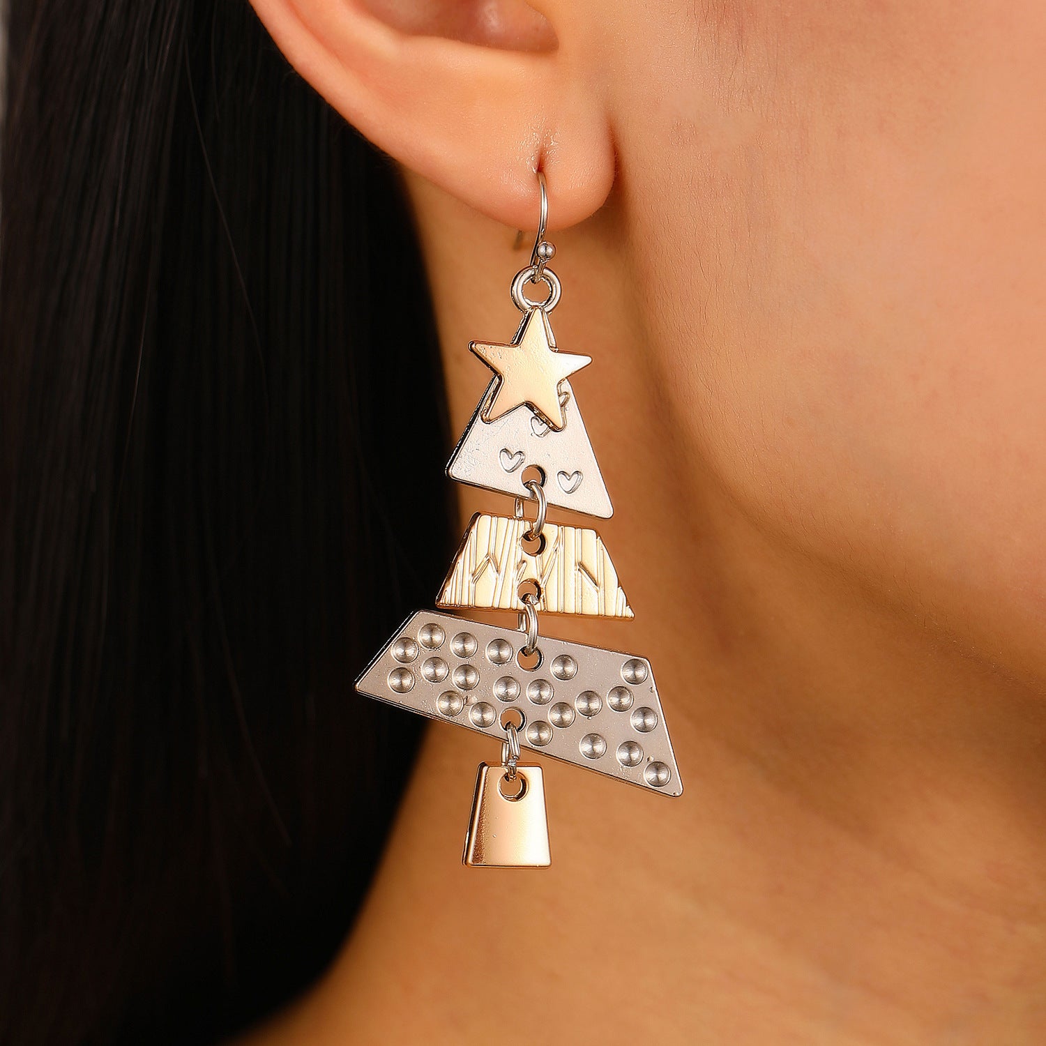 Christmas Tree Xmas Star 2 Tone Dangle Earrings