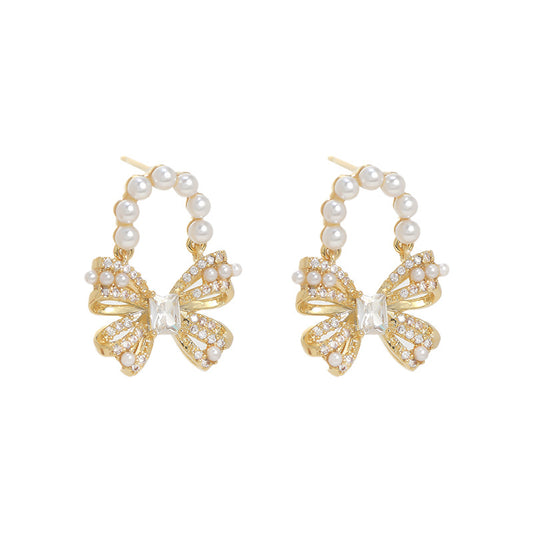 Sweet Pearl Bow Drop Earrings