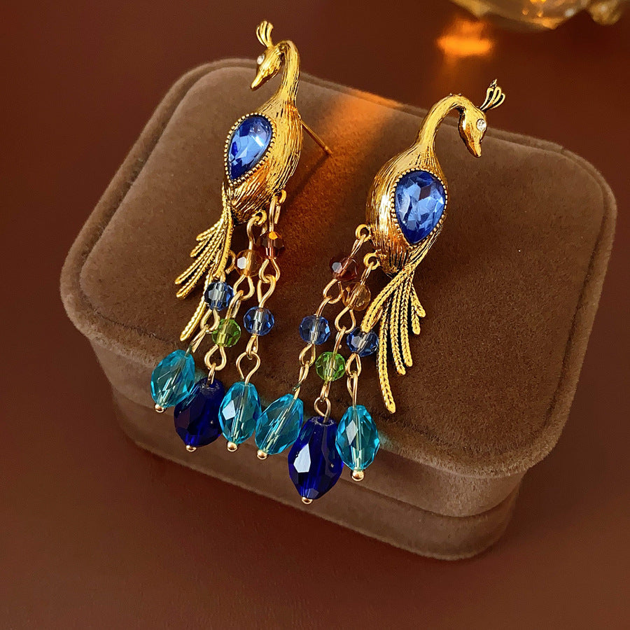 Vintage Blue Peacock Tassel Statement Earring