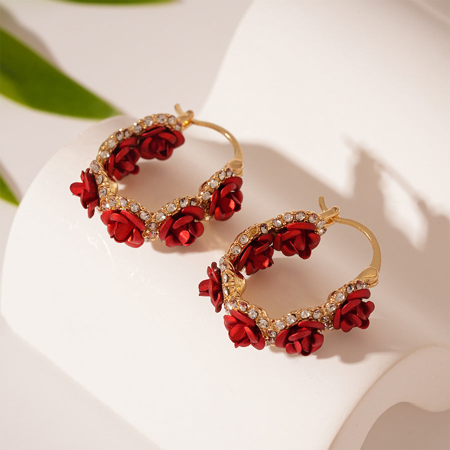 Romantic French Falling Rose Lever Back Hoop Earrings