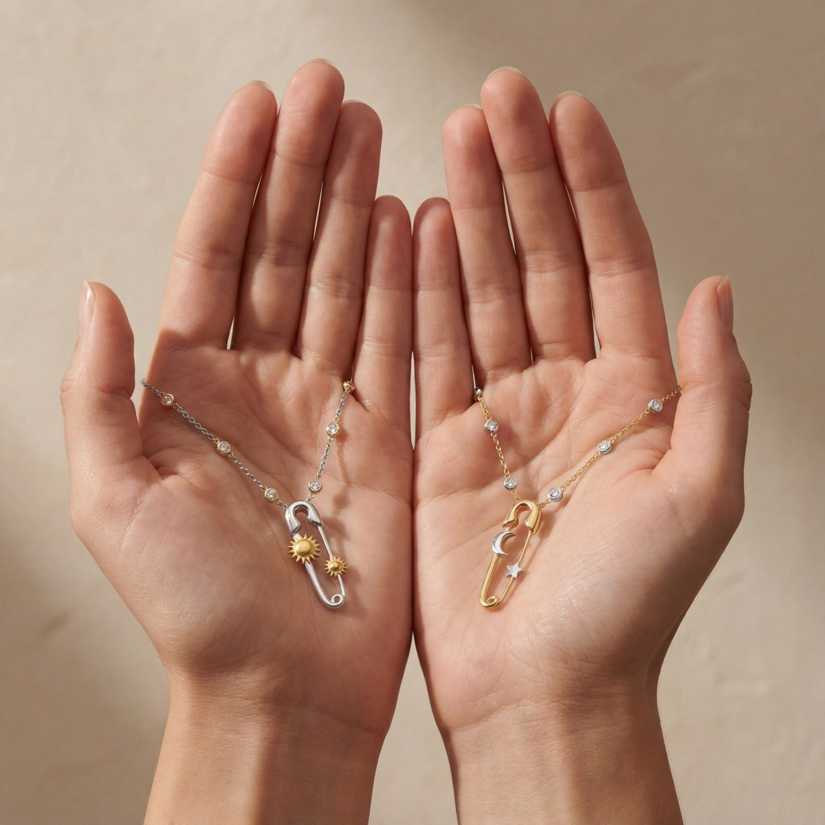 Celestial Safety Pin Sun Moon Necklace