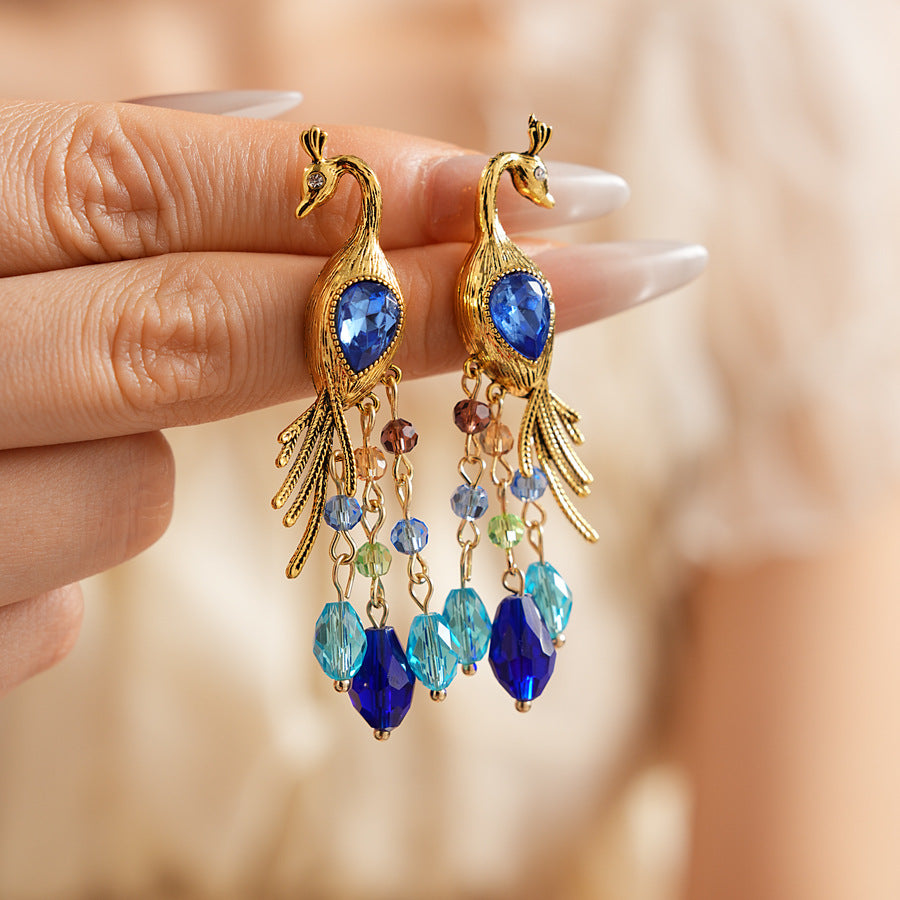 Vintage Blue Peacock Tassel Statement Earring