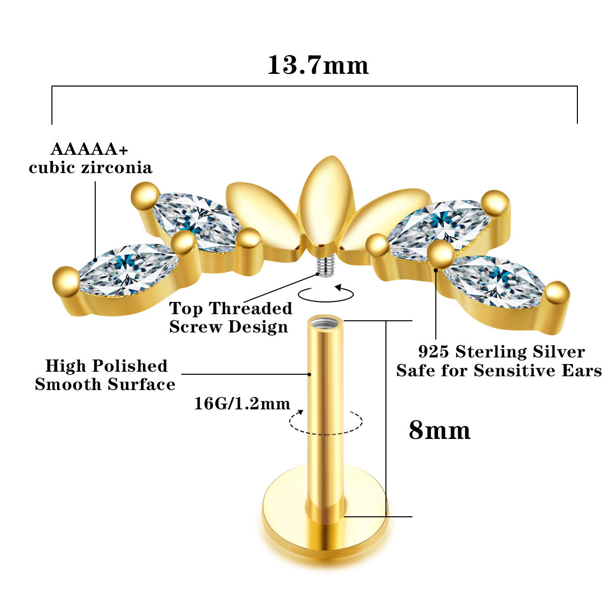 16G Evil Eye Hamsha Flat Back Tragus Daith Earrings | HC021