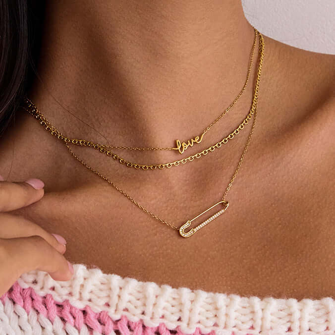 Safety Pin with Love Layered Chain Necklace