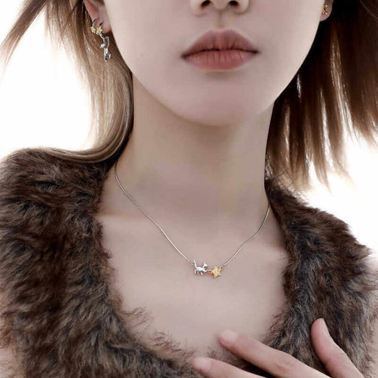Cat Reaching Star Silver Necklace