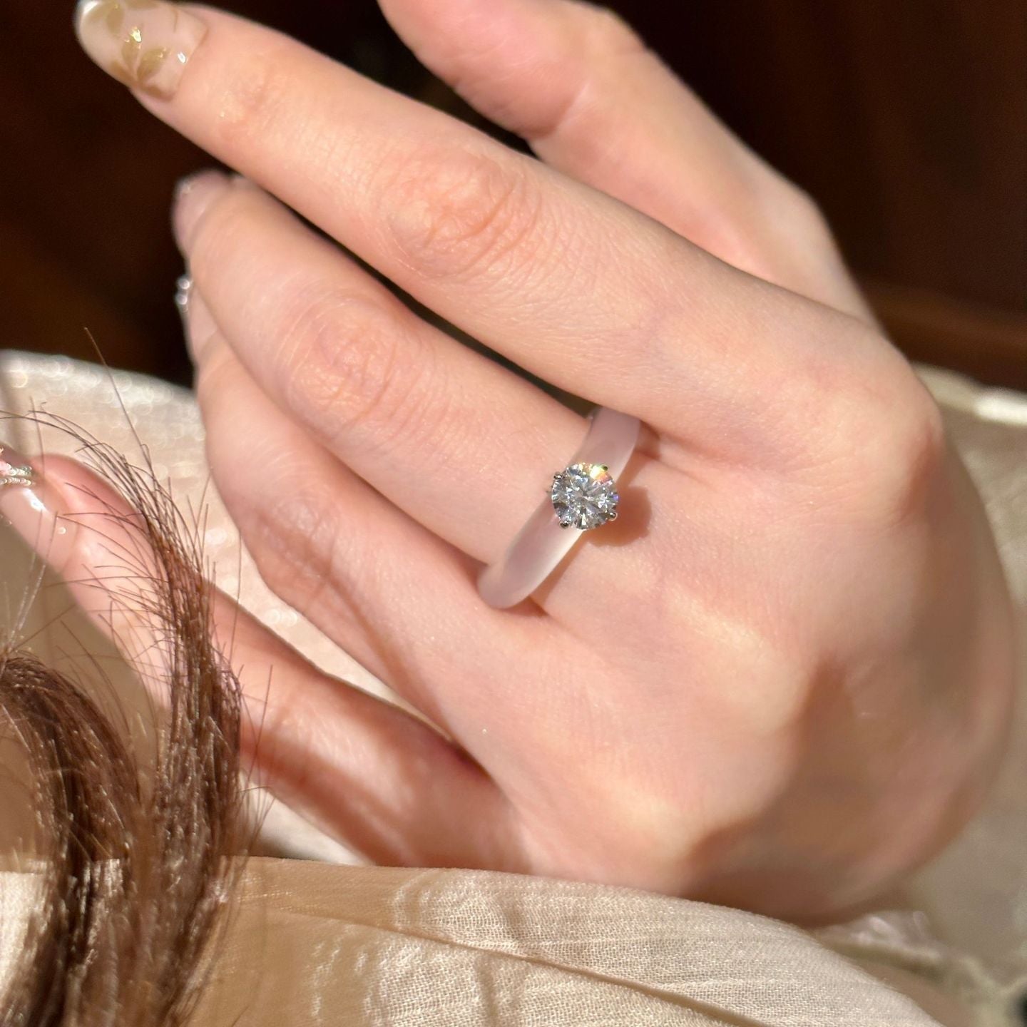 Translucent White Chalcedony Crystal Ring with Zircon