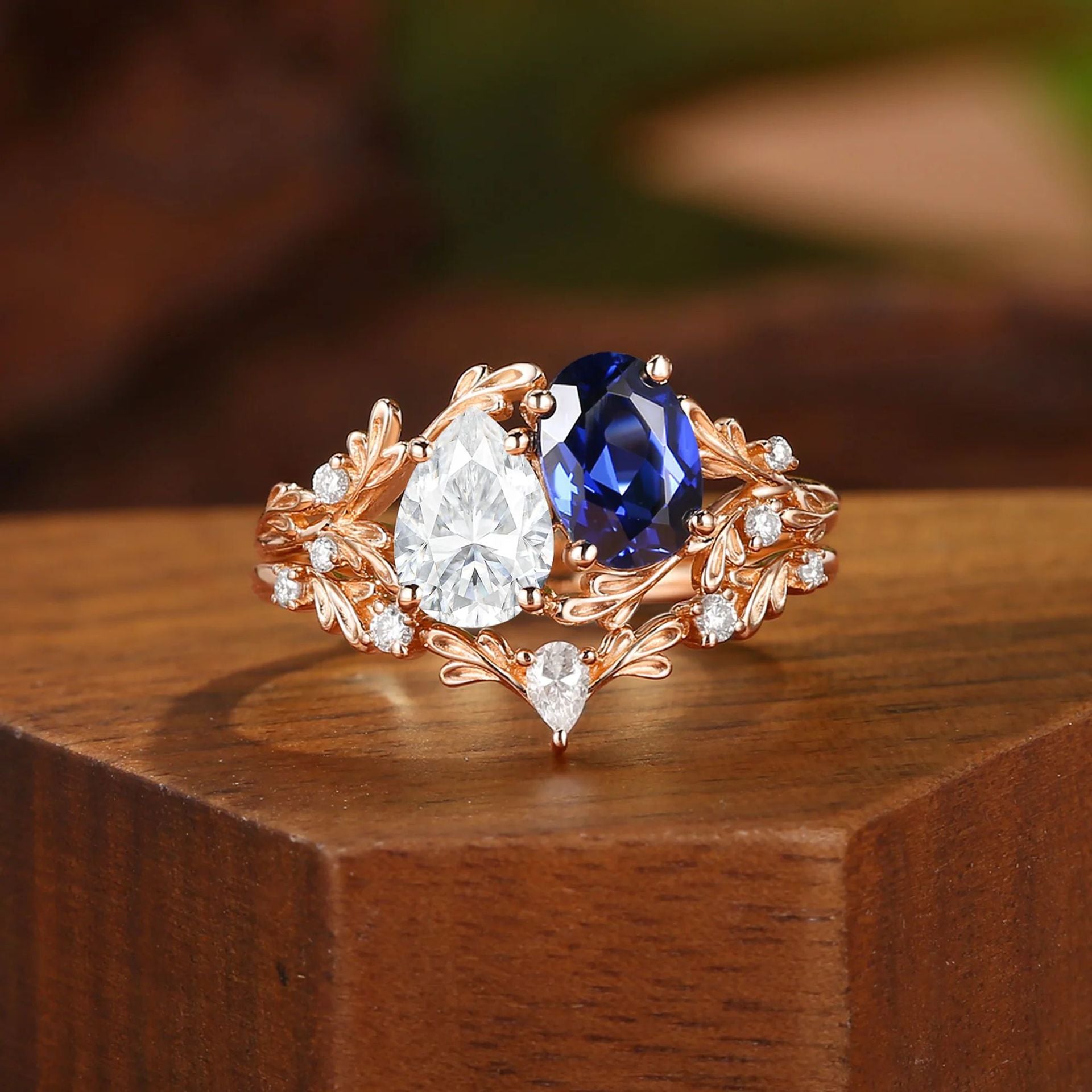 Vintage Moissanite & Lab Crafted Sapphire Stacking Ring Set