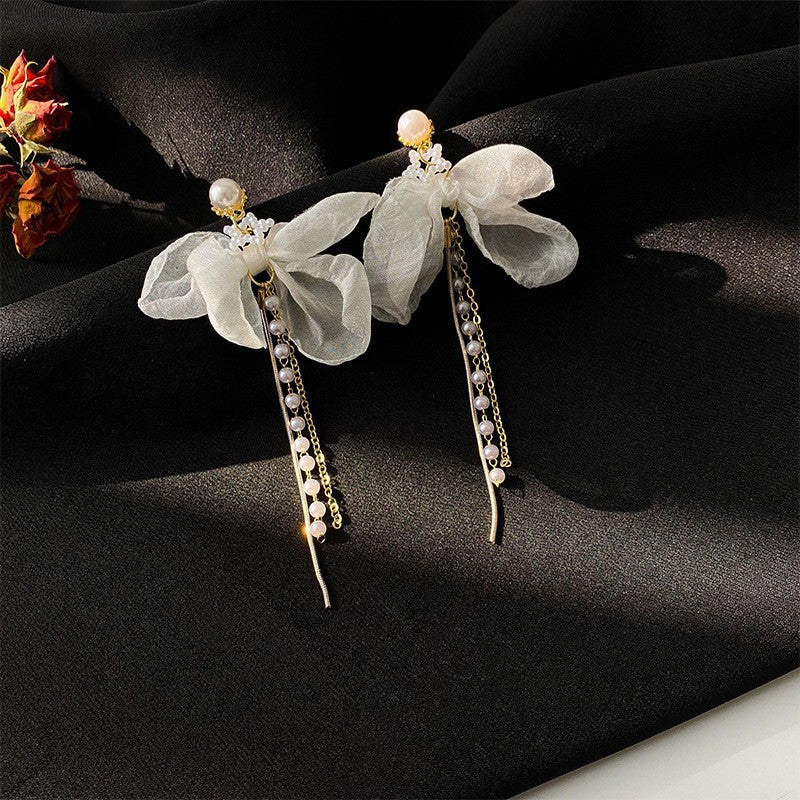 Elegant Chiffon Pearl Bow Long Chain Earrings 