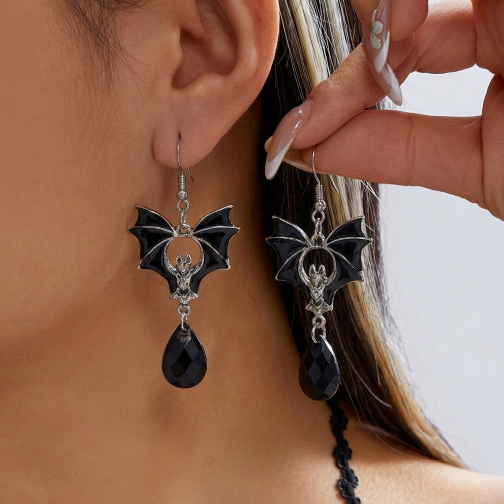 Midnight Bat Black Crystal Drop Earrings