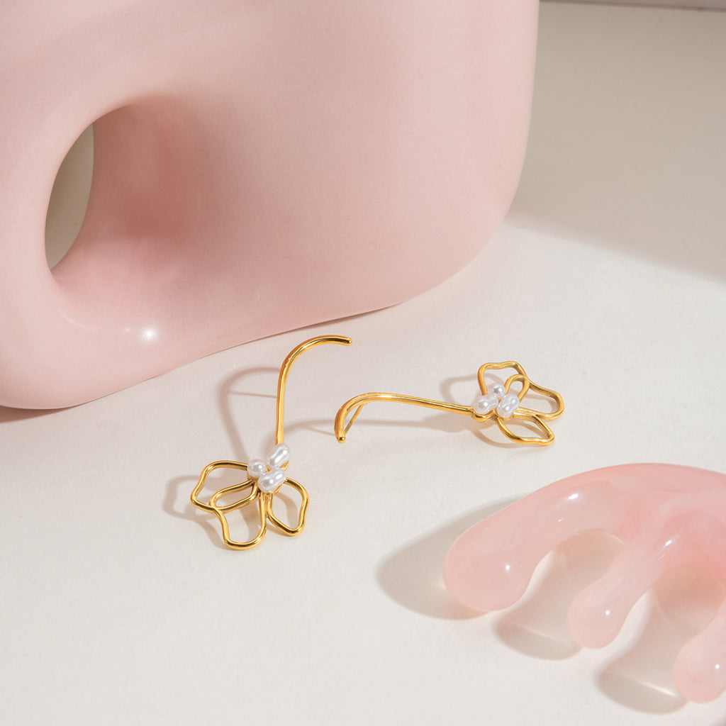 Pearl Lily Flower Linear Long Earrings