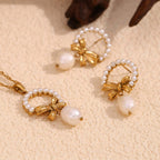 Gold Bow Pearl Drop Earrings