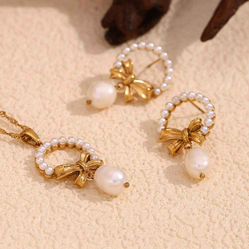 Gold Bow Pearl Drop Earrings