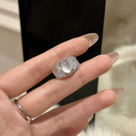 White Chalcedony Halo Statement Ring