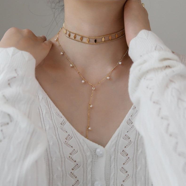 18K Gold Sequin Clavicle Layering Choker Necklace