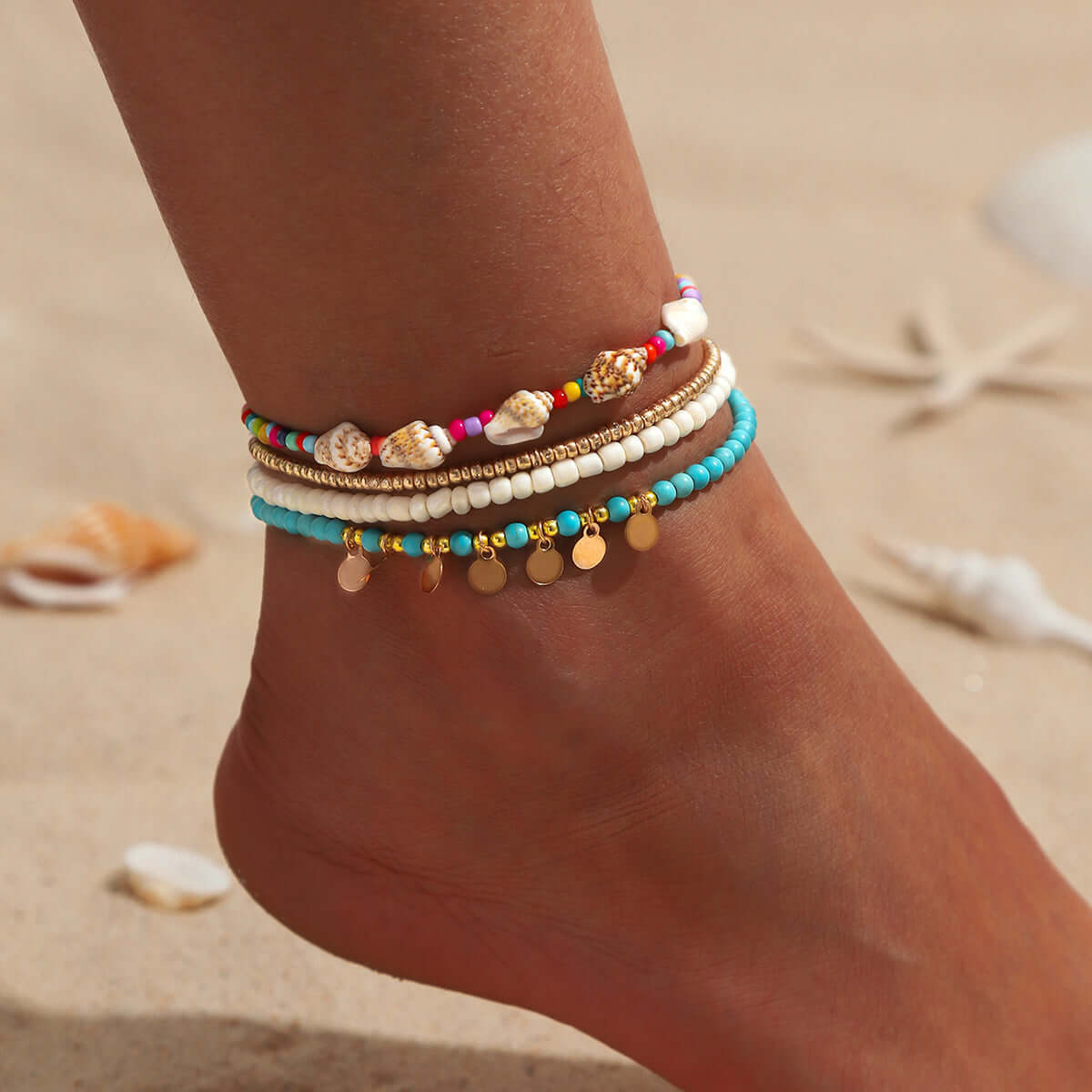 Conch Shell Layered Summer Beach Anklet Set