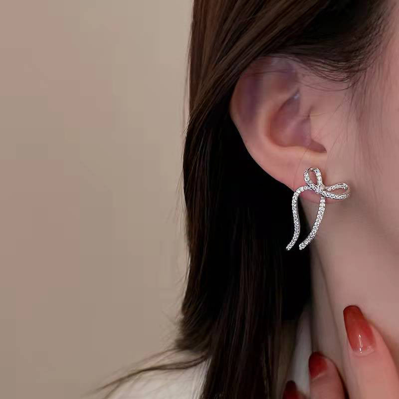 Sparkly Ribbon Bow Irregular Ear Jacket Earrings