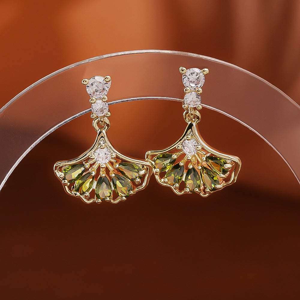 Fan Shape Ginkgo Leaf CZ Drop Earring