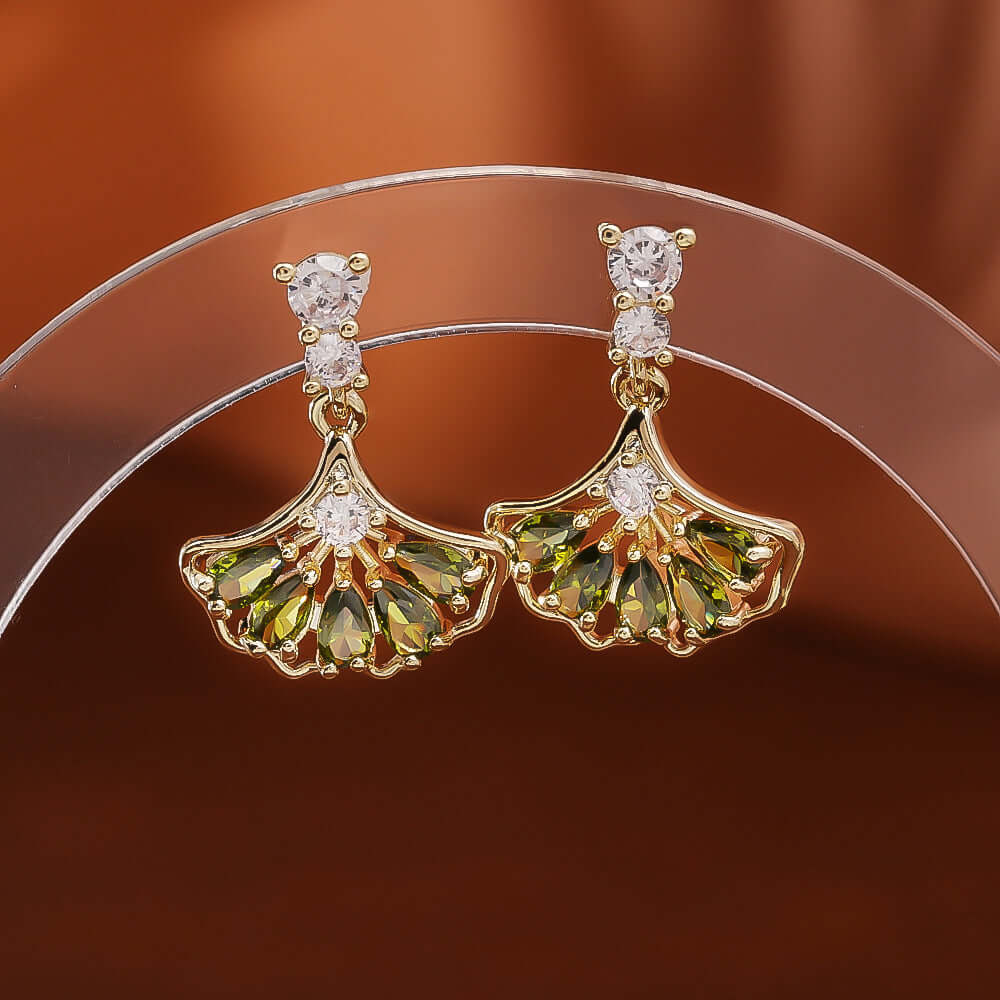 Fan Shape Ginkgo Leaf CZ Drop Earring