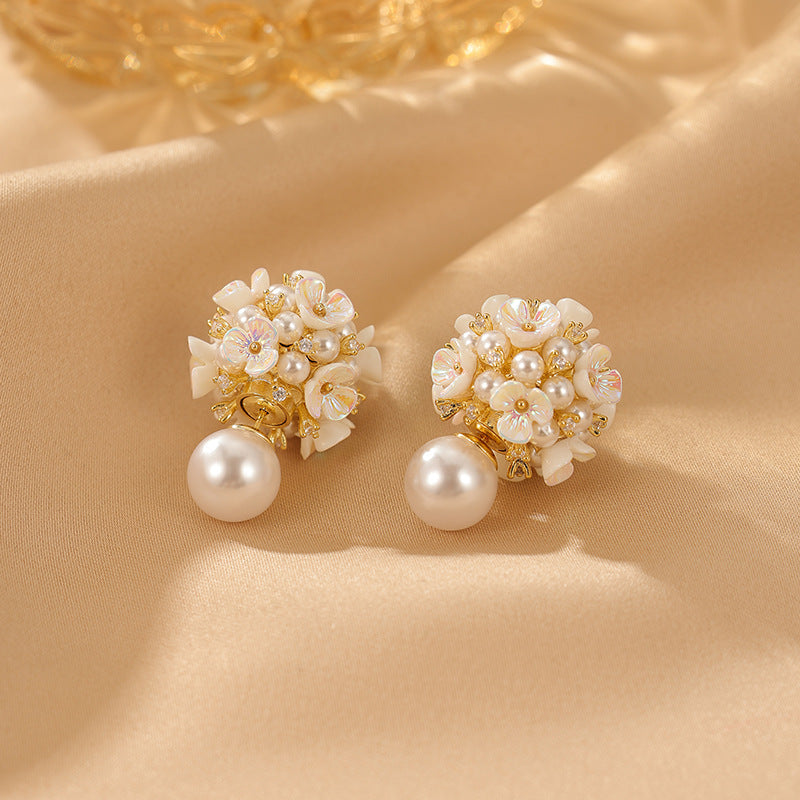 Elegant Pearl Flower Front Back Ear Jacket Earrings 