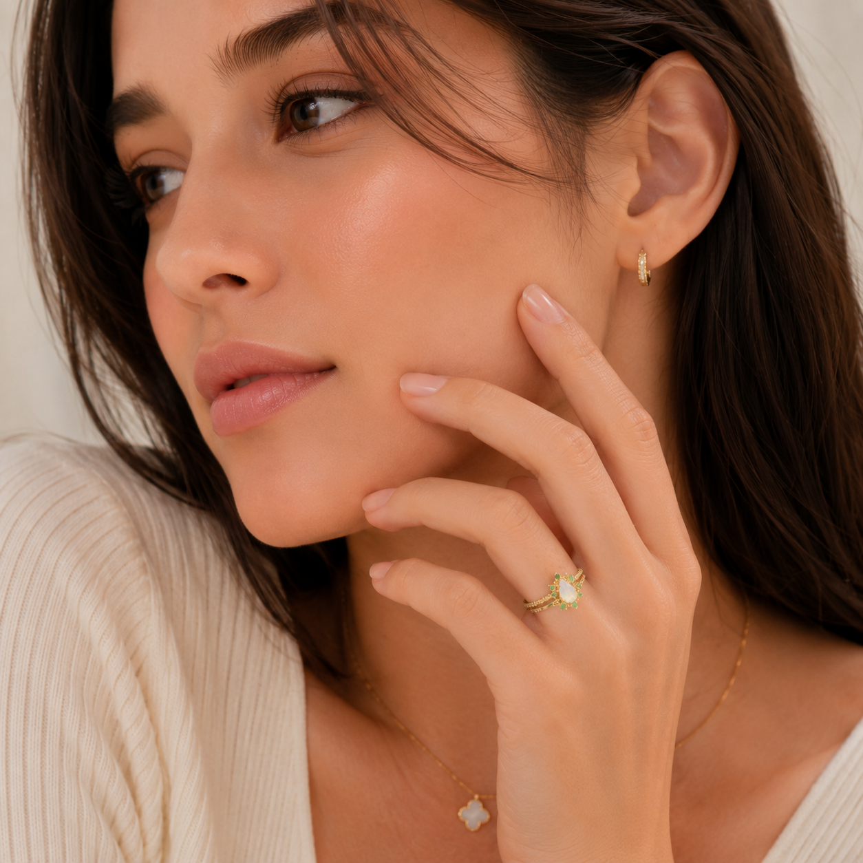 14K Gold Opal Birthstone Curved Ring Set