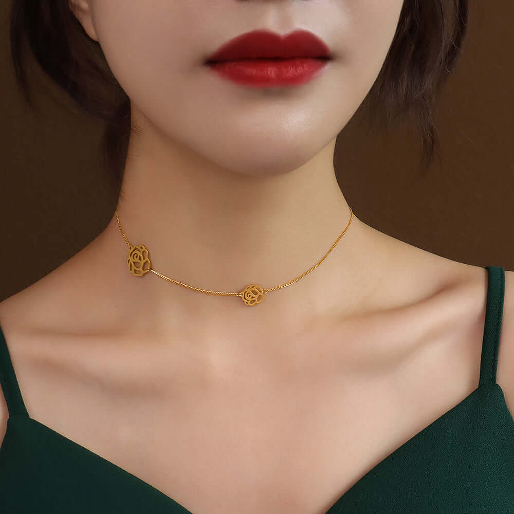 18K Gold Black Rose Choker Necklace