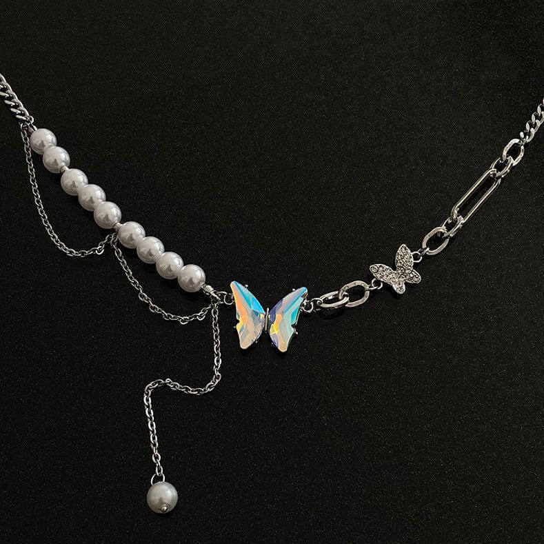 Chunky Pearl Bead Butterfly Half Chain Tassel Necklace