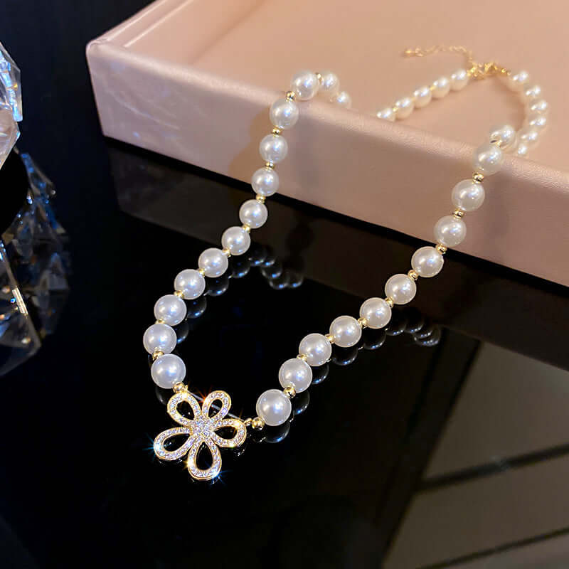 Pearl Bead Flower CZ Necklace