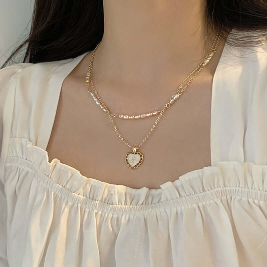 Pearl Beads Heart Layering Necklace