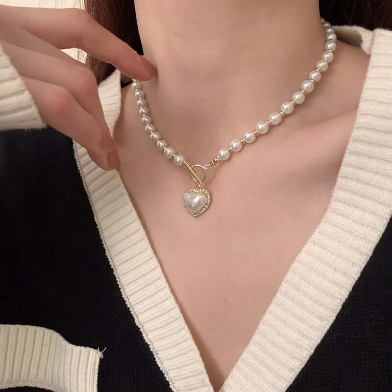 Pearl Beads Heart Pendant Necklace