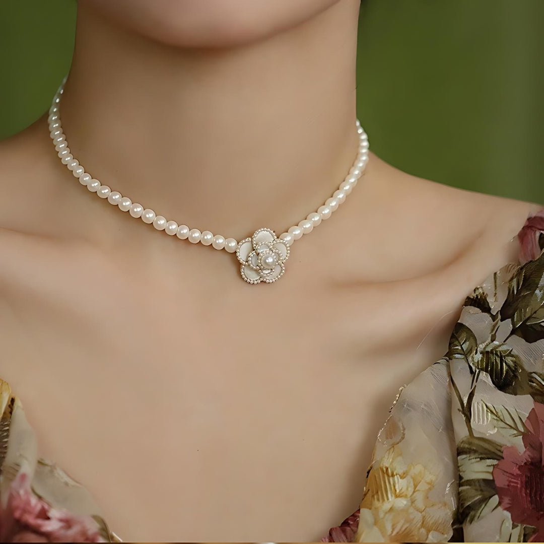 Pearl Bead Camellia Choker Necklace