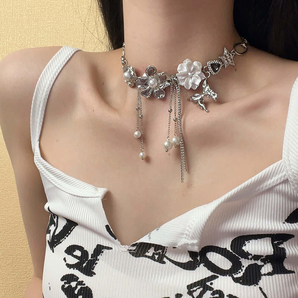  Pearl Flower Butterfly Tassel Necklace