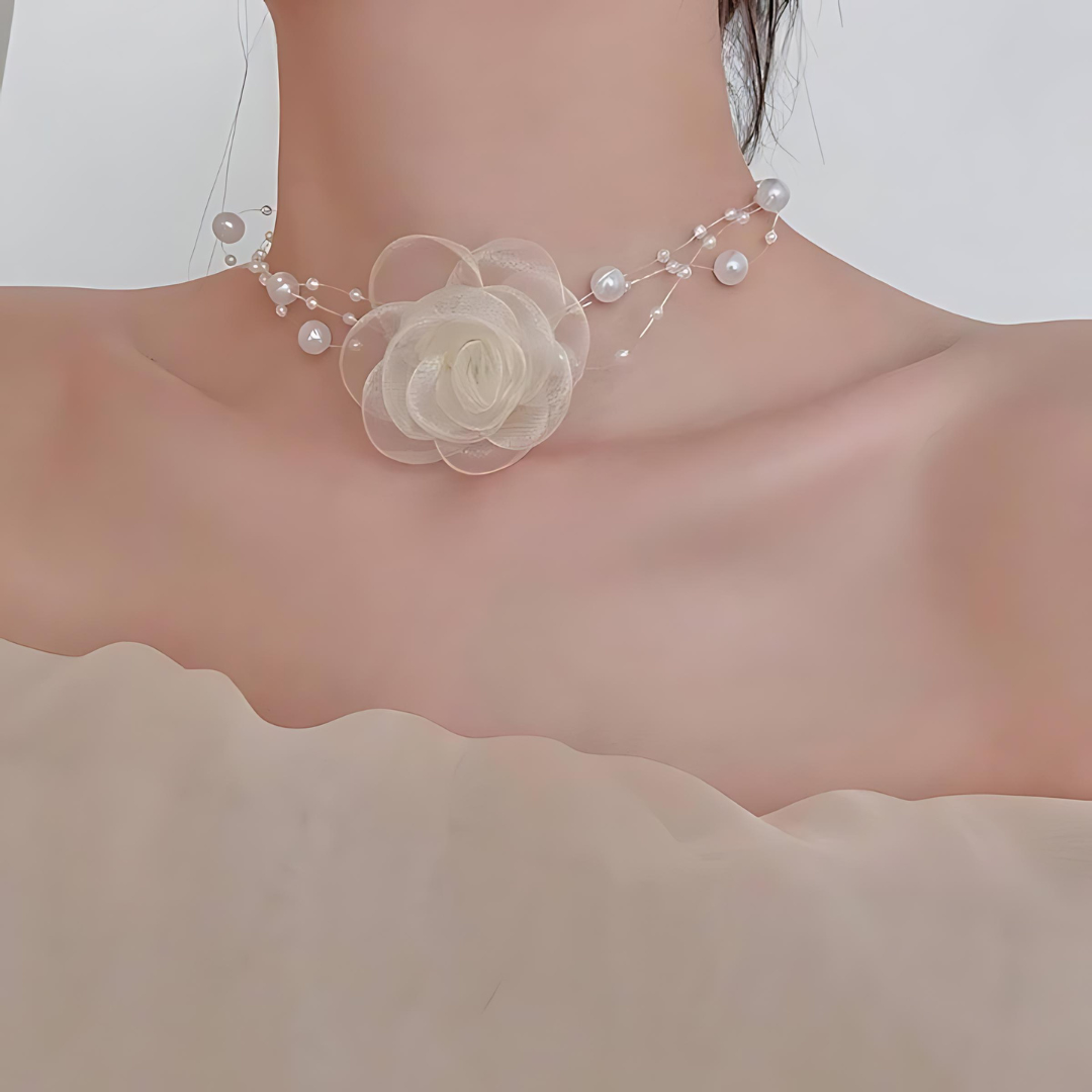 Pearl Flower Suede Choker Necklace