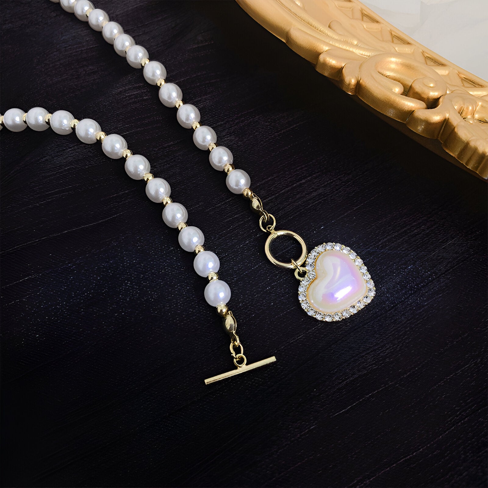 Pearl Gold Bead Heart Pendant Necklace