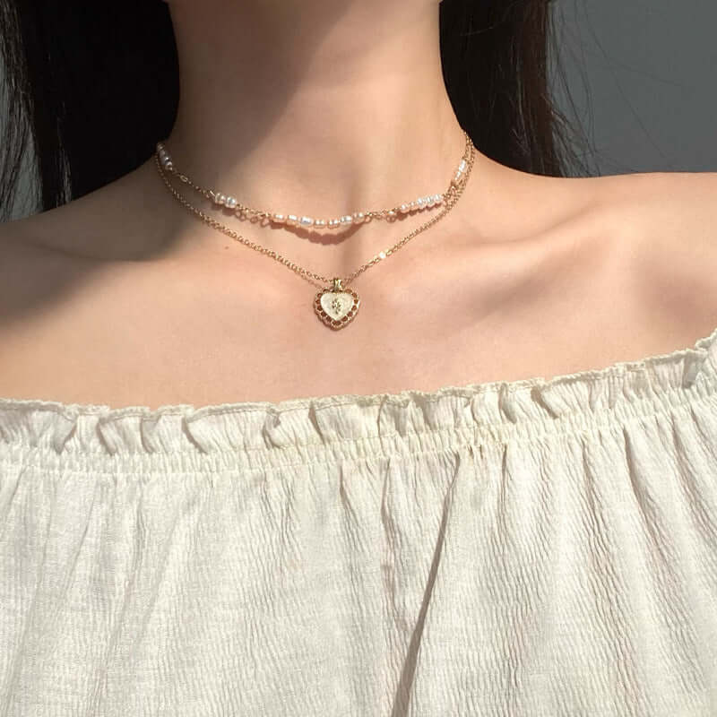 Pearl Heart Pendant Layering Necklace