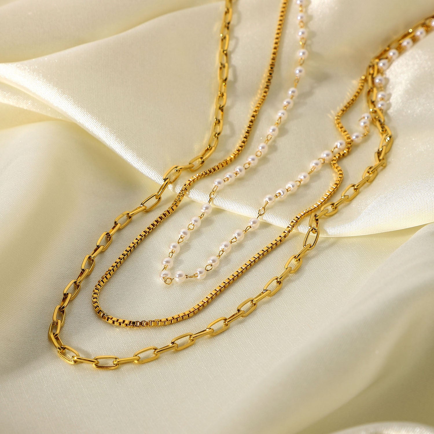 18K Gold 3 Layer Multi Chain Necklace with Pearl