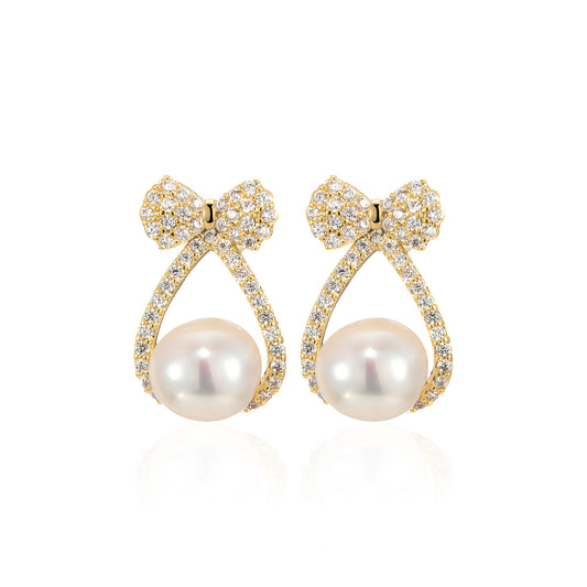 Classic Pearl Bow Ribbon Stud Earrings