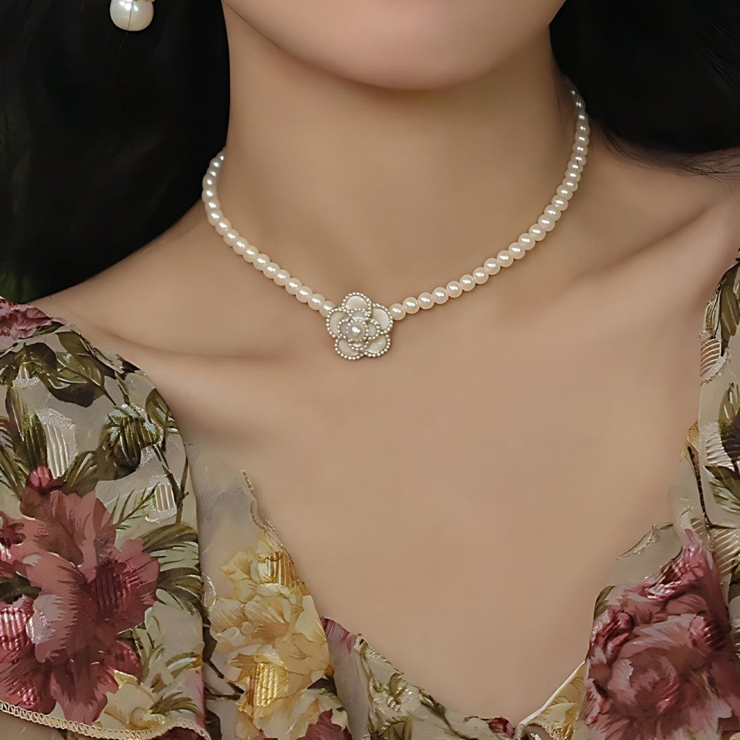 Pearl Bead Camellia Choker Necklace