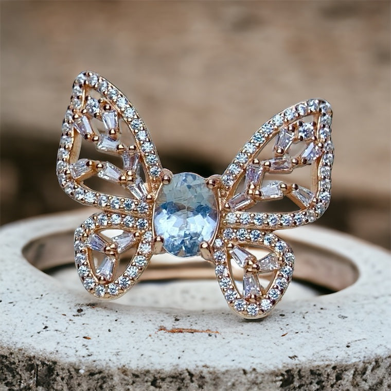 18K Gold Butterfly Aquamarine Crystal Ring