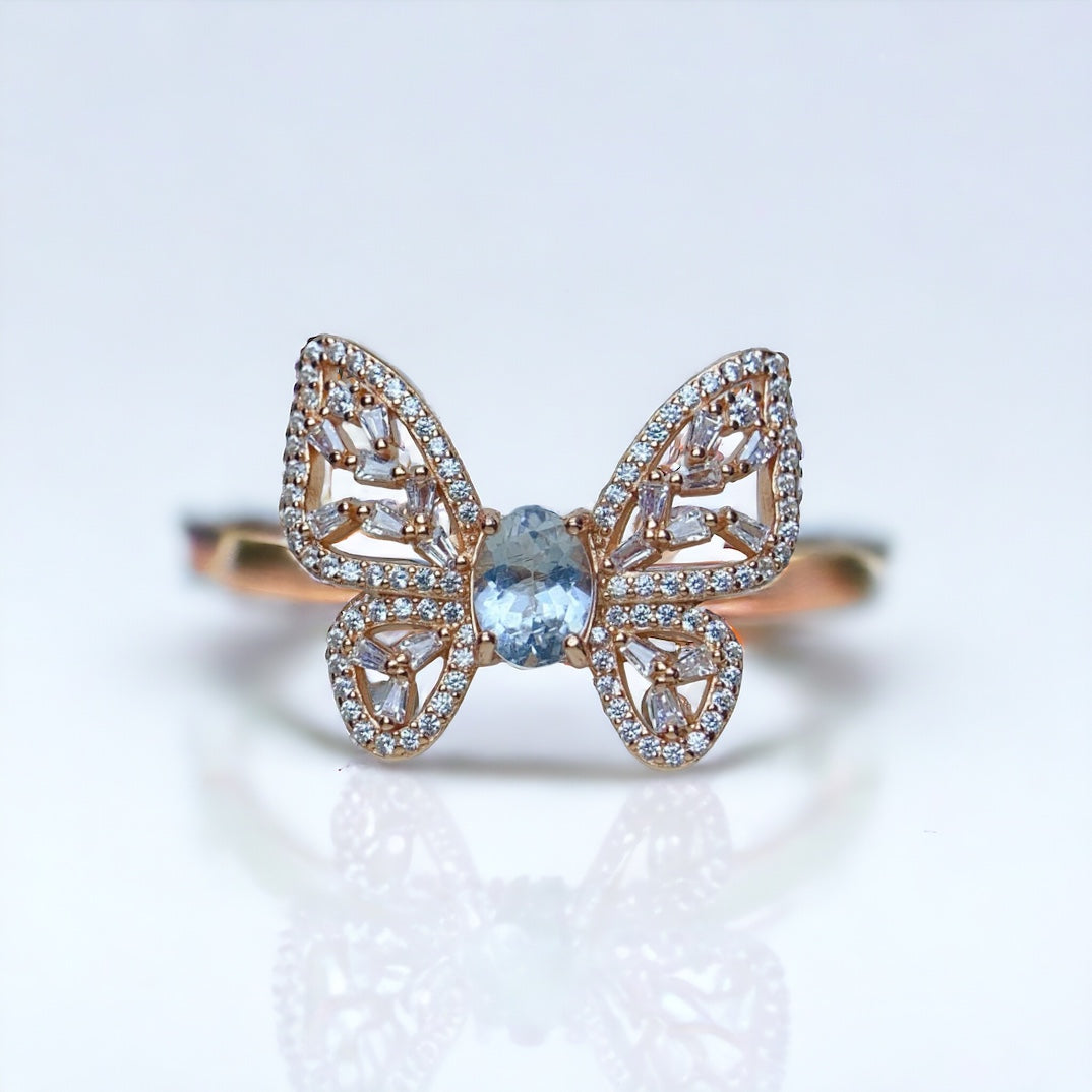 18K Gold Butterfly Aquamarine Crystal Ring