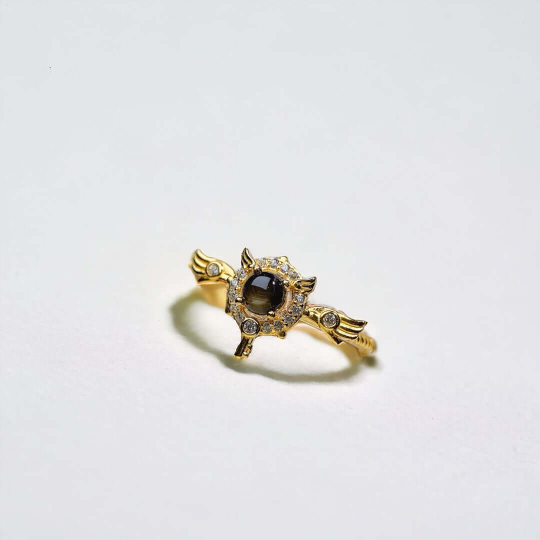 18K Gold Cute Angel Wings Black Star Sapphire Ring