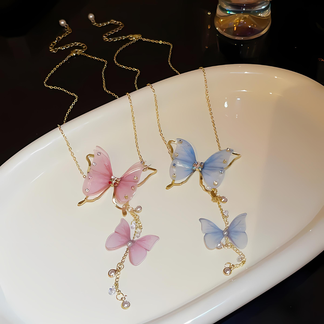 Pink Blue Butterfly Lariat Y Necklace