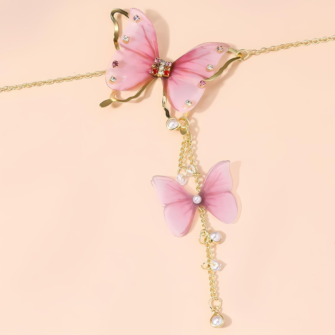 Pink Butterfly Lariat Y Necklace