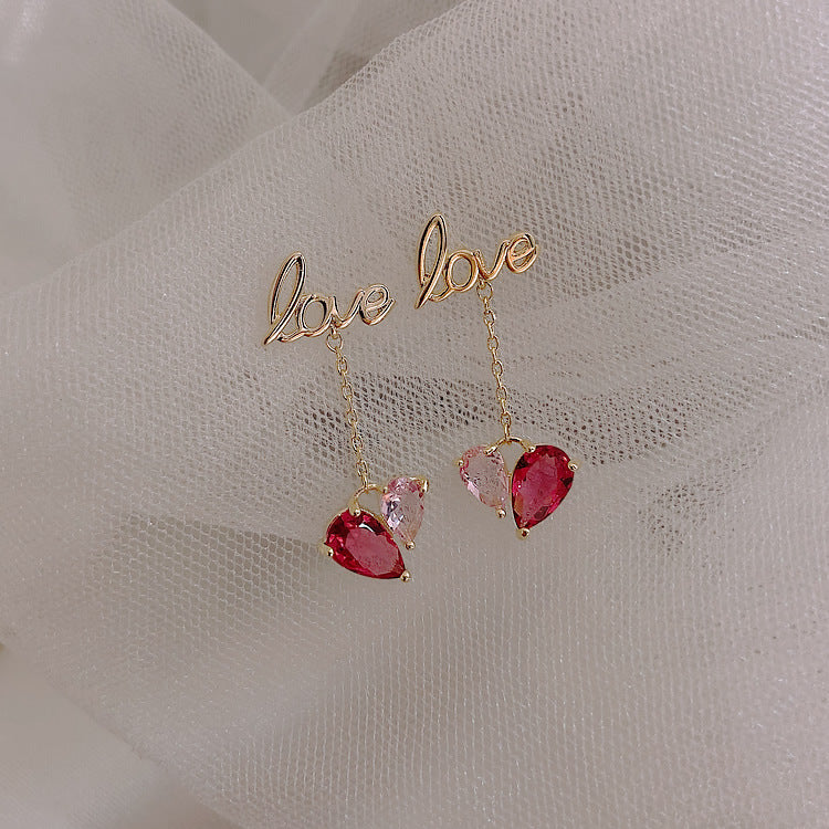 Pink Crystal Heart Dangle Earrings